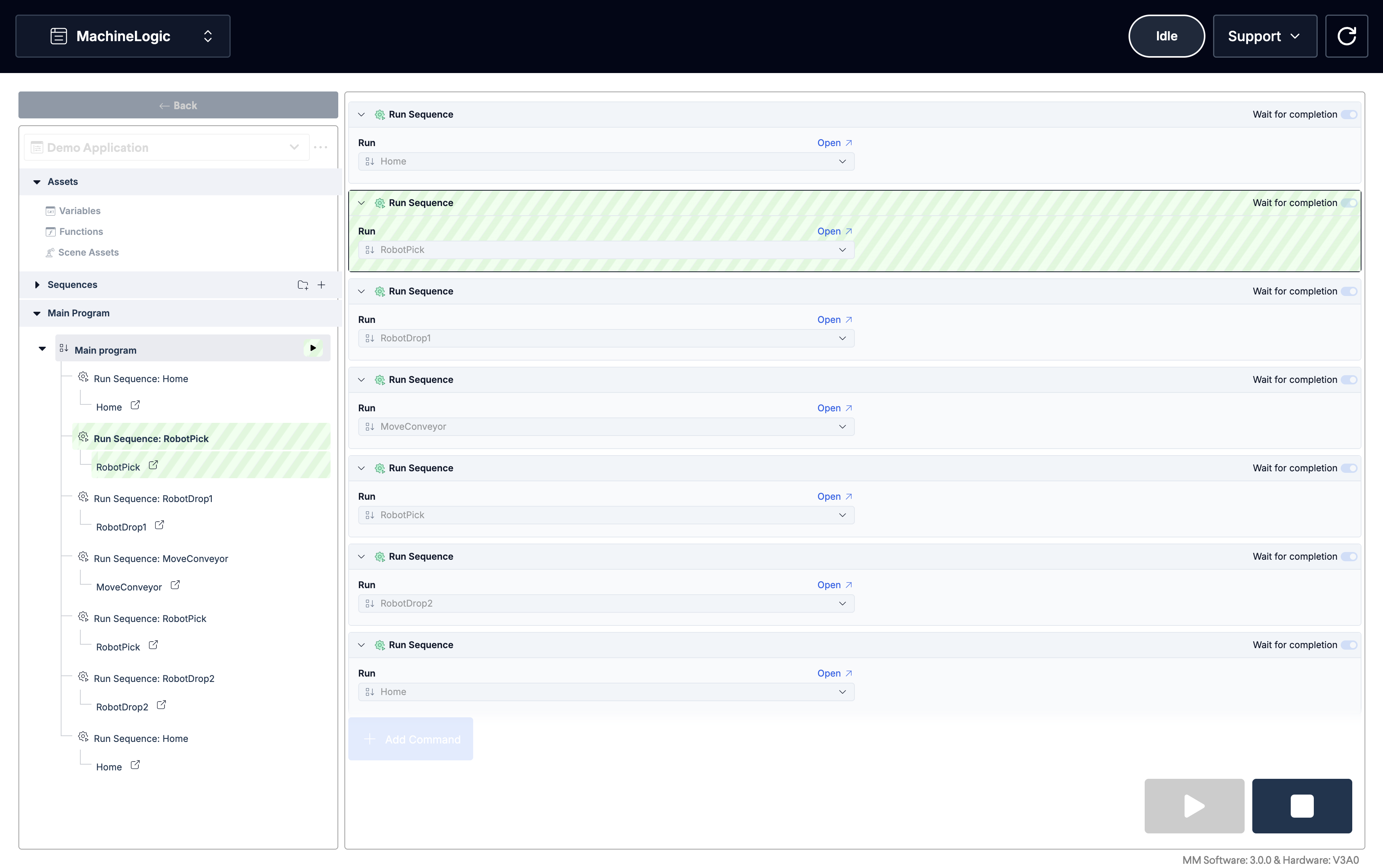 Overview of sequences in MachineLogic application with highlighted RobotPick sequence.