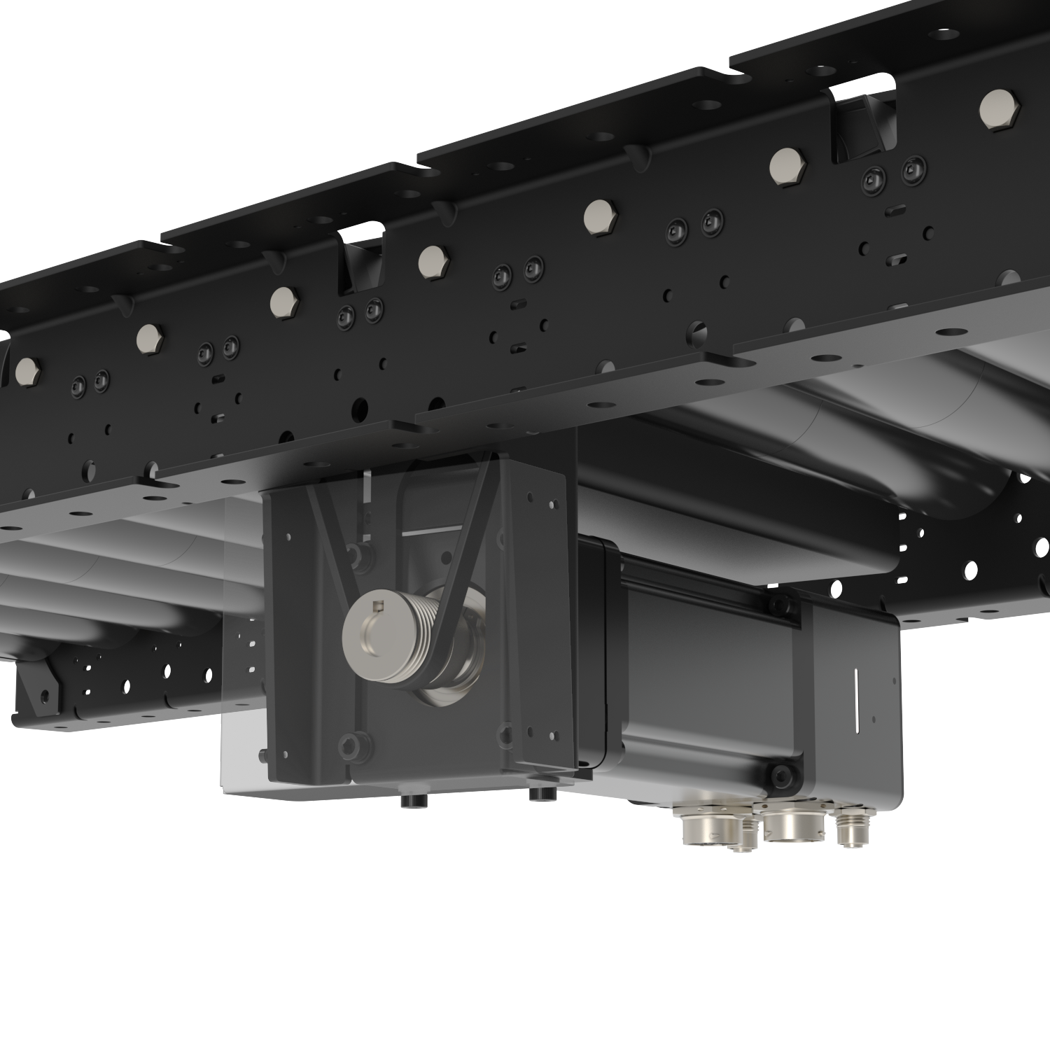 A detailed view of a mechanical assembly with a motor and pulleys.