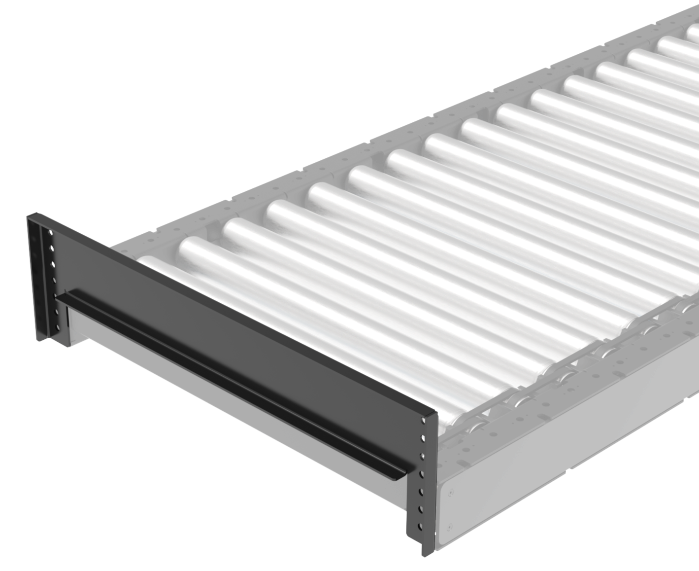 A close-up view of a roller conveyor system with metallic rollers and black frame.