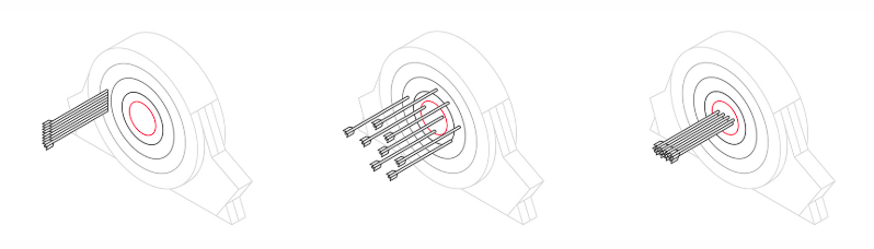 Three grayscale target illustrations showing repeatability vs accuracy. Left: many shots clustered tightly off-center indicating repeatable but not accurate. Center: shots widely scattered around the bullseye indicating accurate but not repeatable. Right: shots clustered tightly on the bullseye indicating repeatable and accurate.