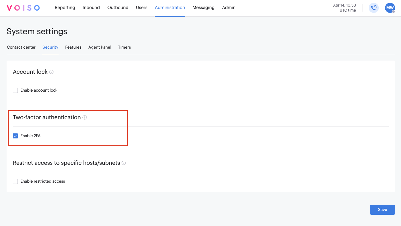 2FA System Settings Security Tab TWo-factor Authentication Section