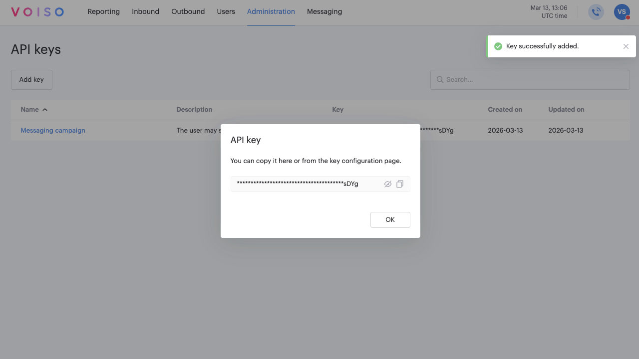 API Key Add Key Confirmation Panel