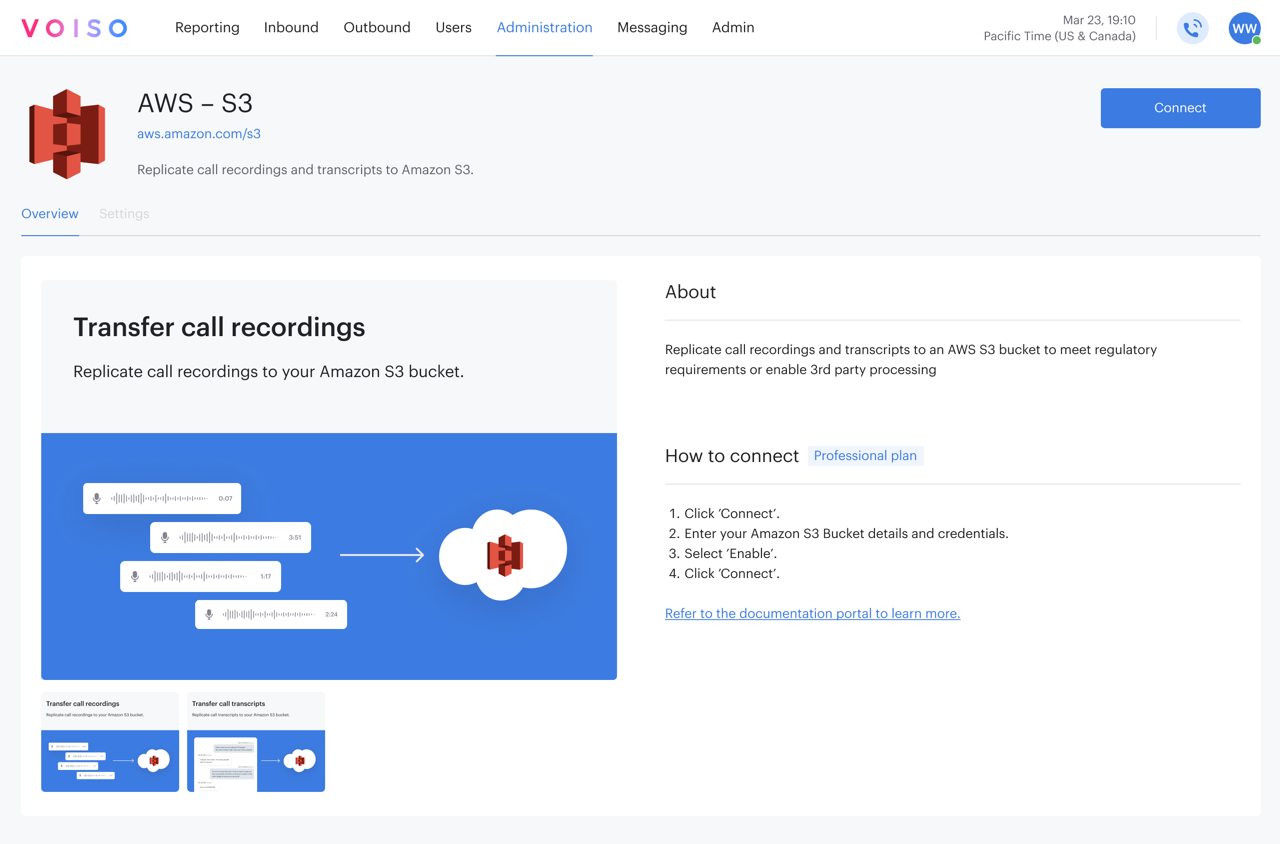 AWS Call Recording Replication to S3 Integration Page