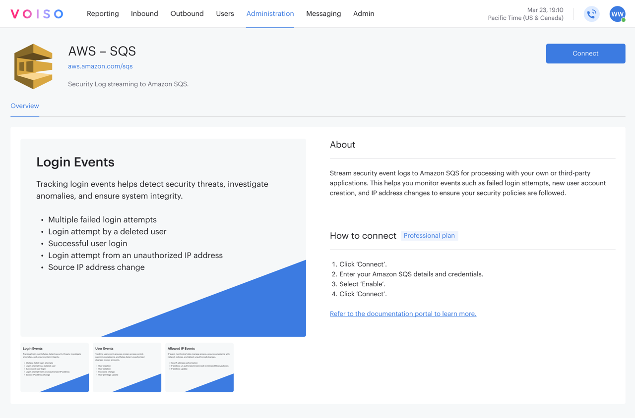 AWS SQS Security Log Streaming Integration Page