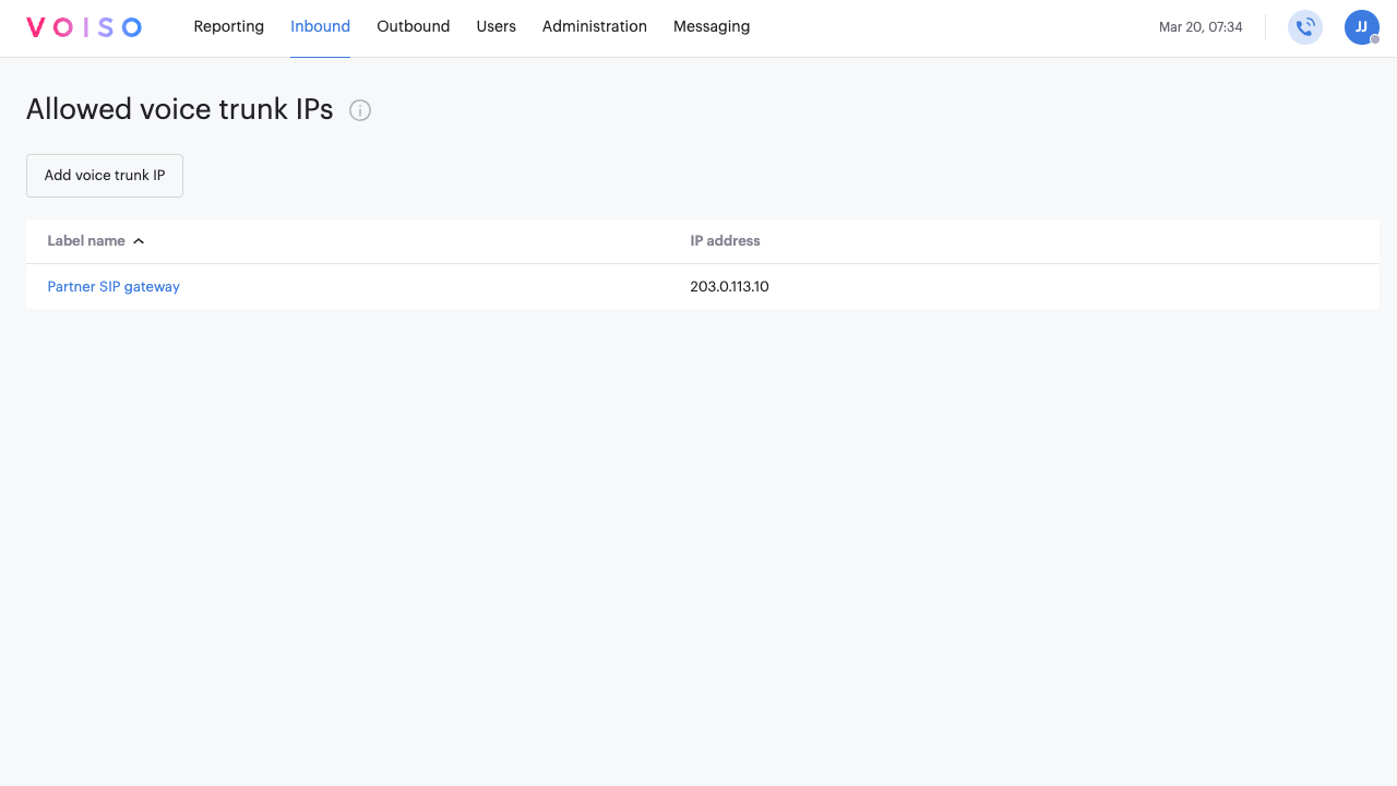 Allowed Voice Trunk IPs Page