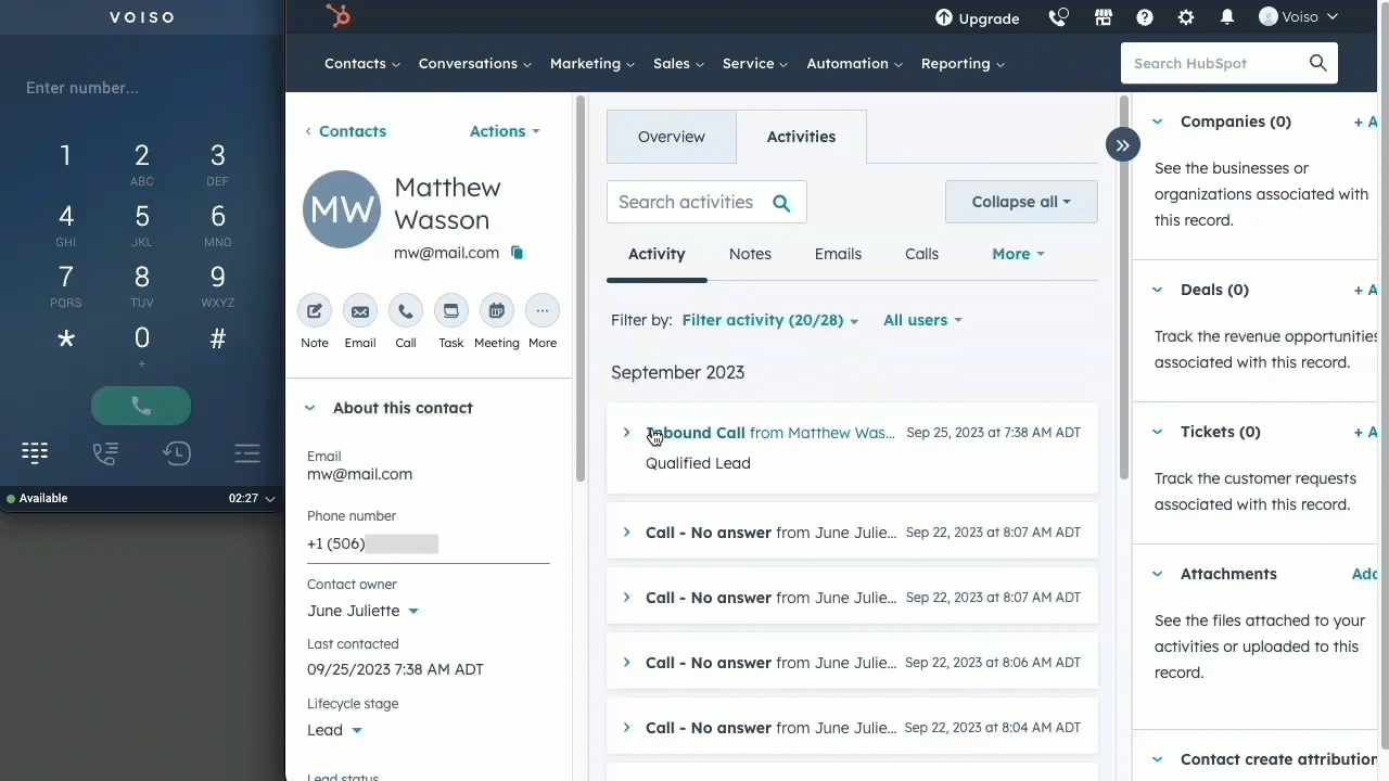 CRM HubSpot Activity Record Masked