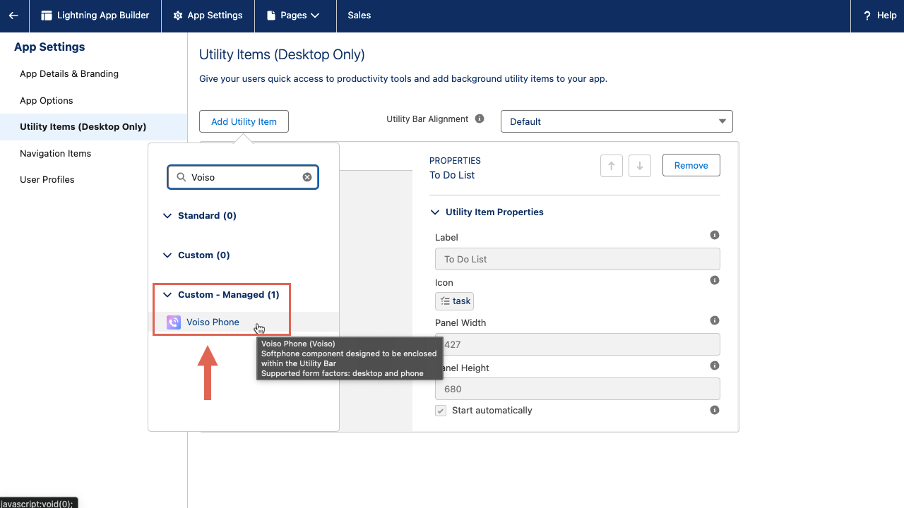 CRM Salesforce Add Utility Item Voiso Phone