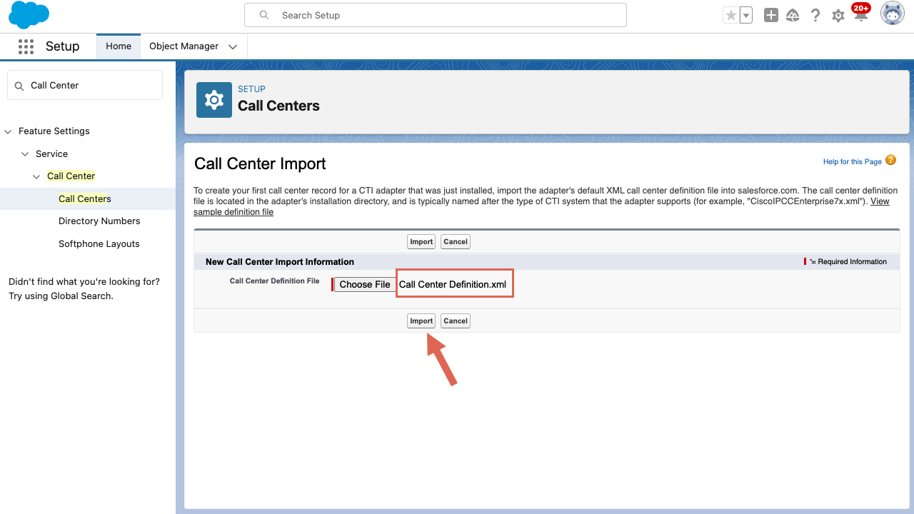 CRM Salesforce Call Centers Import Page Import File