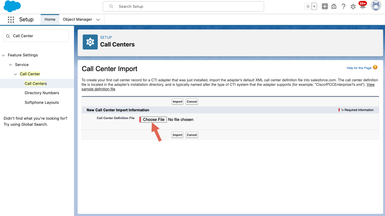 CRM Salesforce Call Centers Import Page