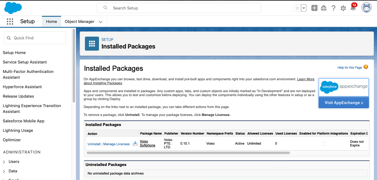 CRM Salesforce Connect 6 Installed Packages