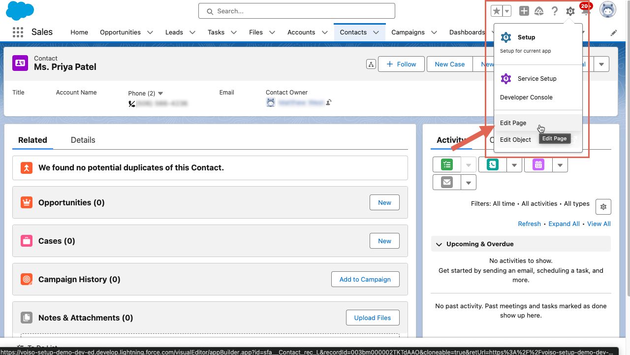 CRM Salesforce Enable Call History Edit Page Menu