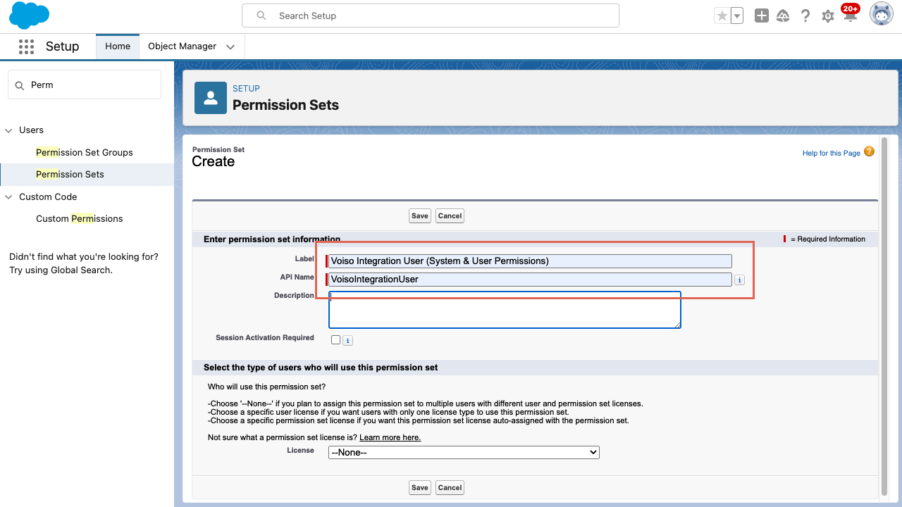 CRM Salesforce Permission Sets Create Page