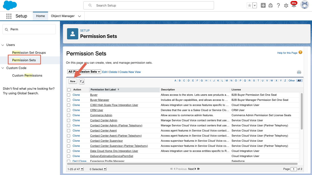 CRM Salesforce Permission Sets New Button