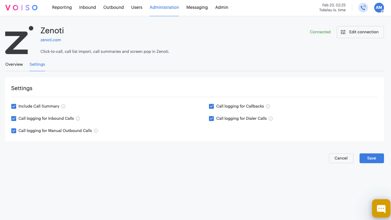 CRM Zenoti Integration Page Settings Tab