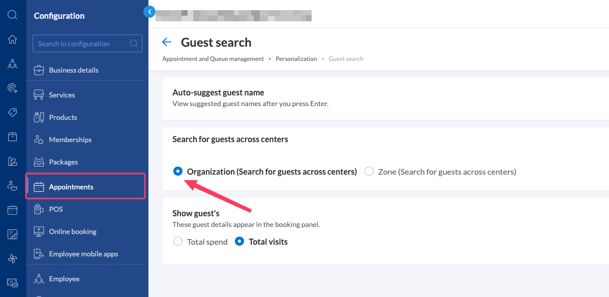 CRM Zenoti Search For Guests Across Centers Setting