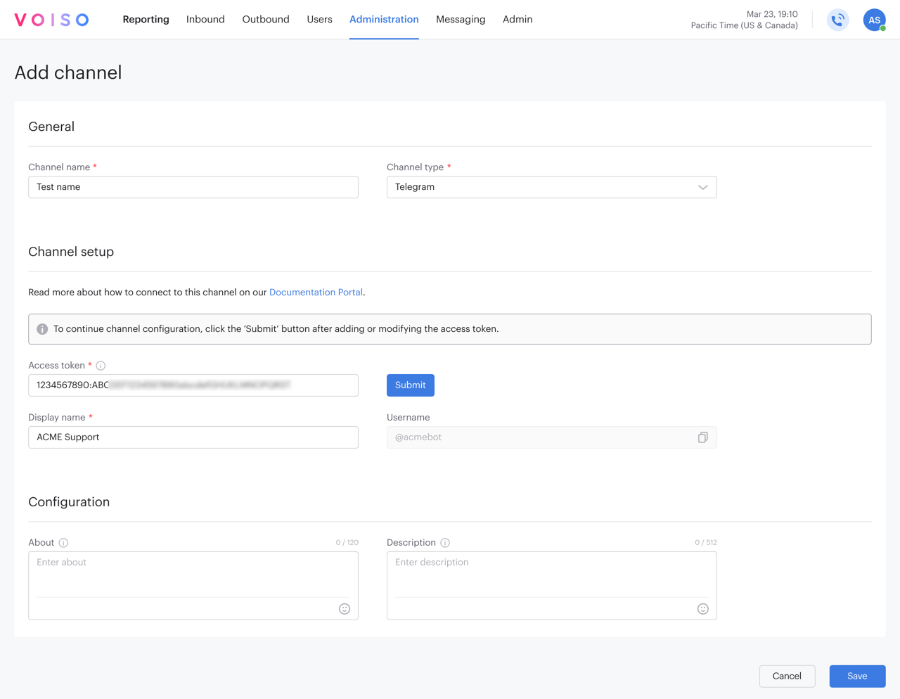 Digital Channels Edit Channel Page Telegram Configuration