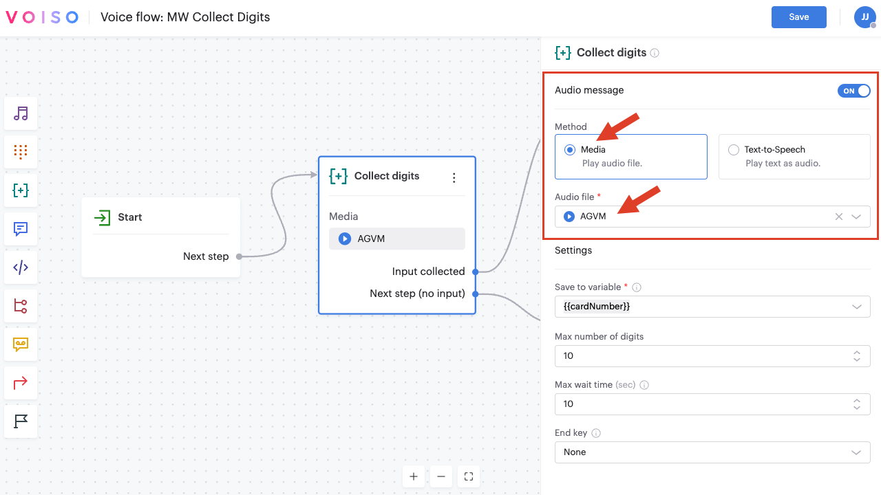 Flow Builder Collect Digits Node Configuration Panel Audio Message Section Media