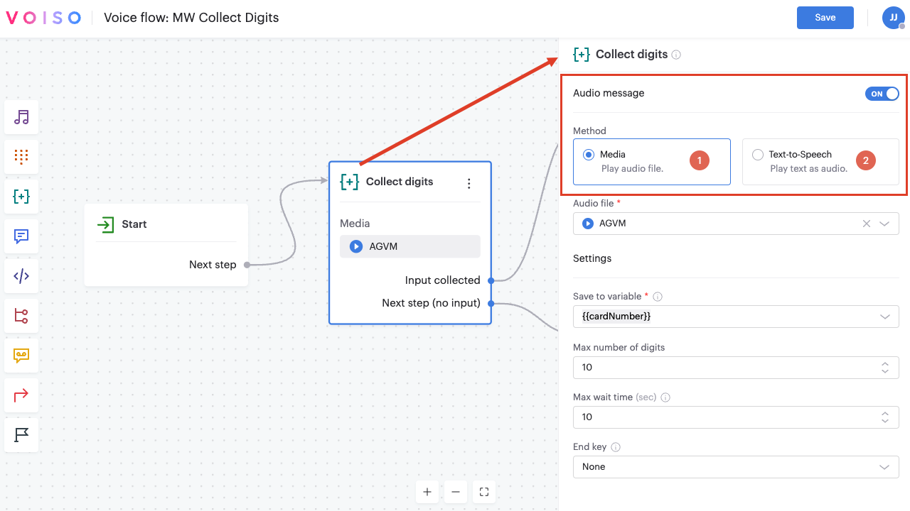 Flow Builder Collect Digits Node Configuration Panel Audio Message Section