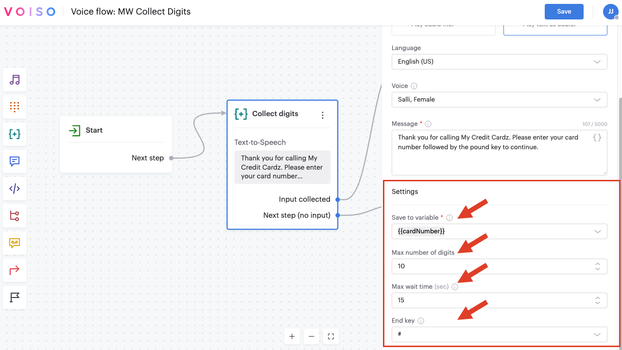 Flow Builder Collect Digits Node Configuration Panel Input Settings Section