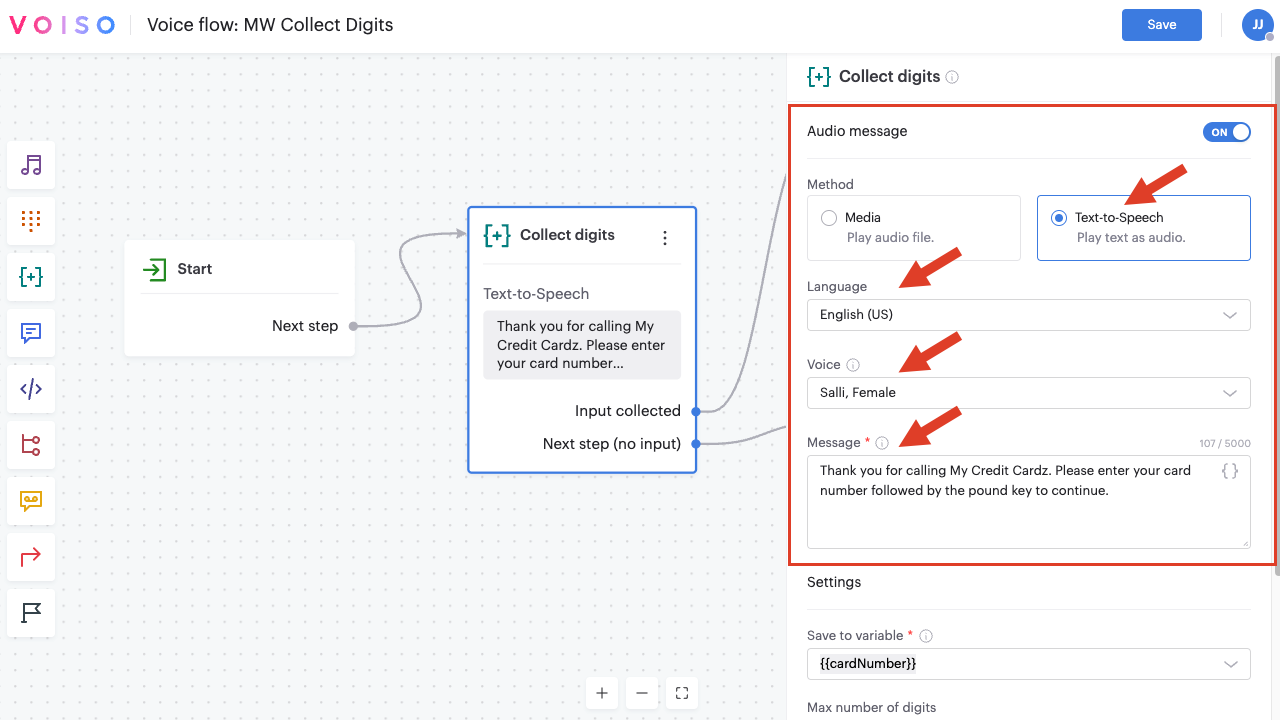 Flow Builder Collect Digits Node Configuration Panel Text-to-speech Section Media