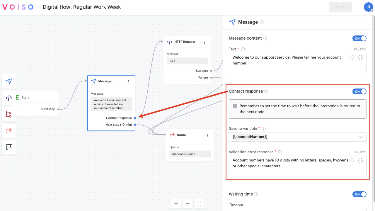 Flow Builder Digital Message Node Contact Response Section