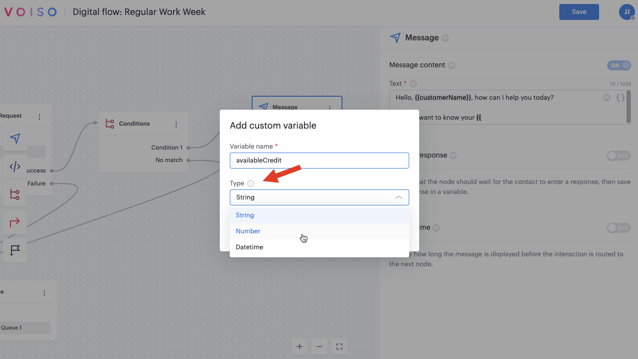 Flow Builder Digital Message Node Custom Variables