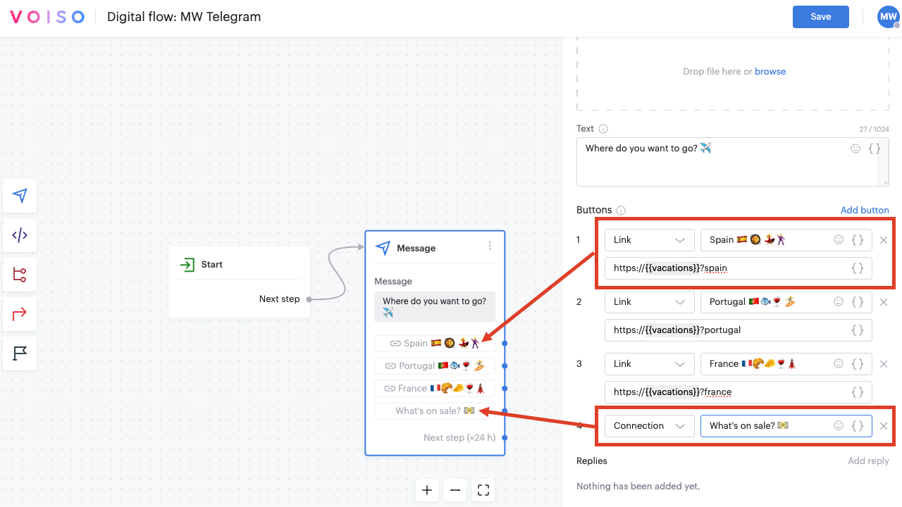 Flow Builder Message Node Telegram Inline Buttons