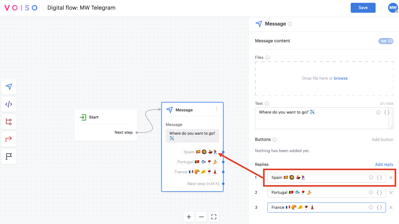 Flow Builder Message Node Telegram Quick Replies