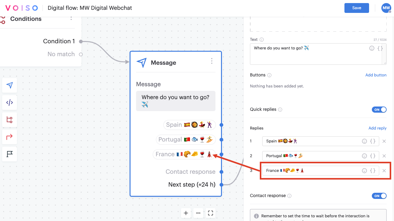 Flow Builder Message Node Webchat Quick Replies