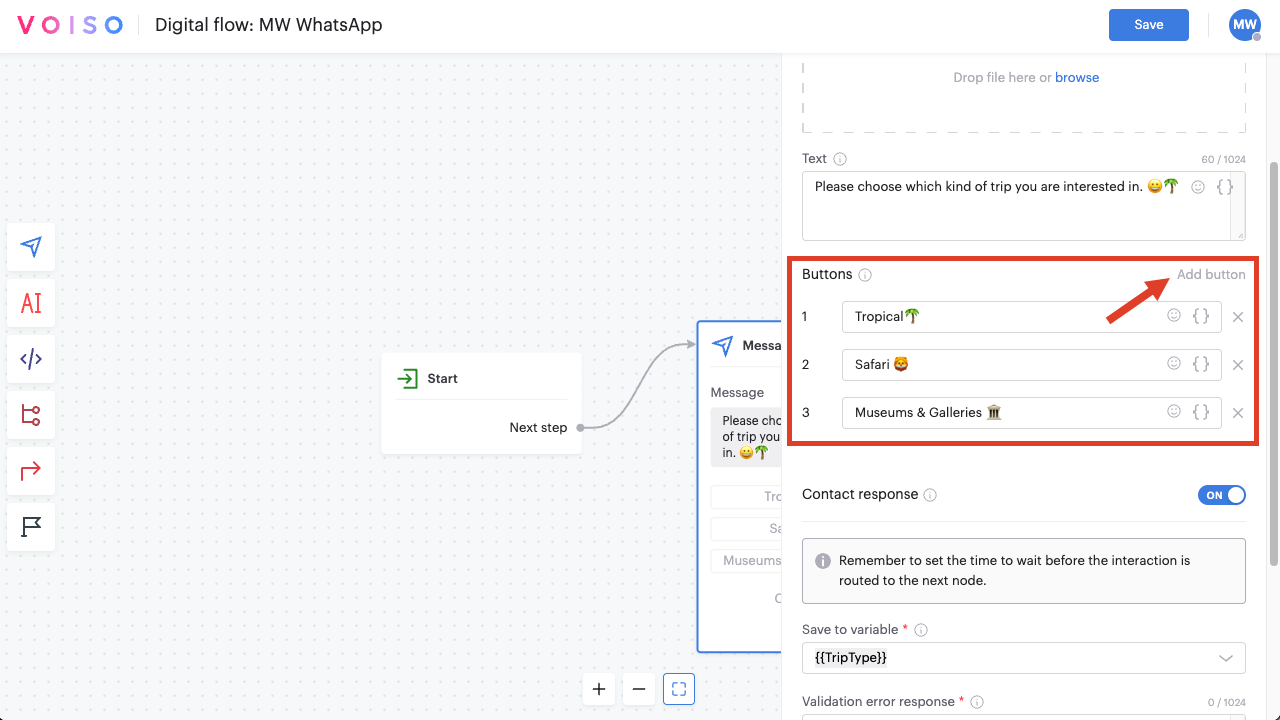 Flow Builder Message Node WhatsApp Buttons