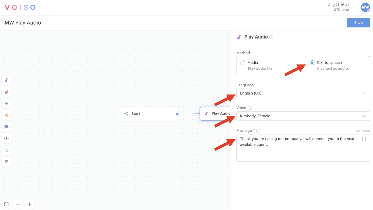 Flow Builder Play Audio Node Configuration Panel TTS Option