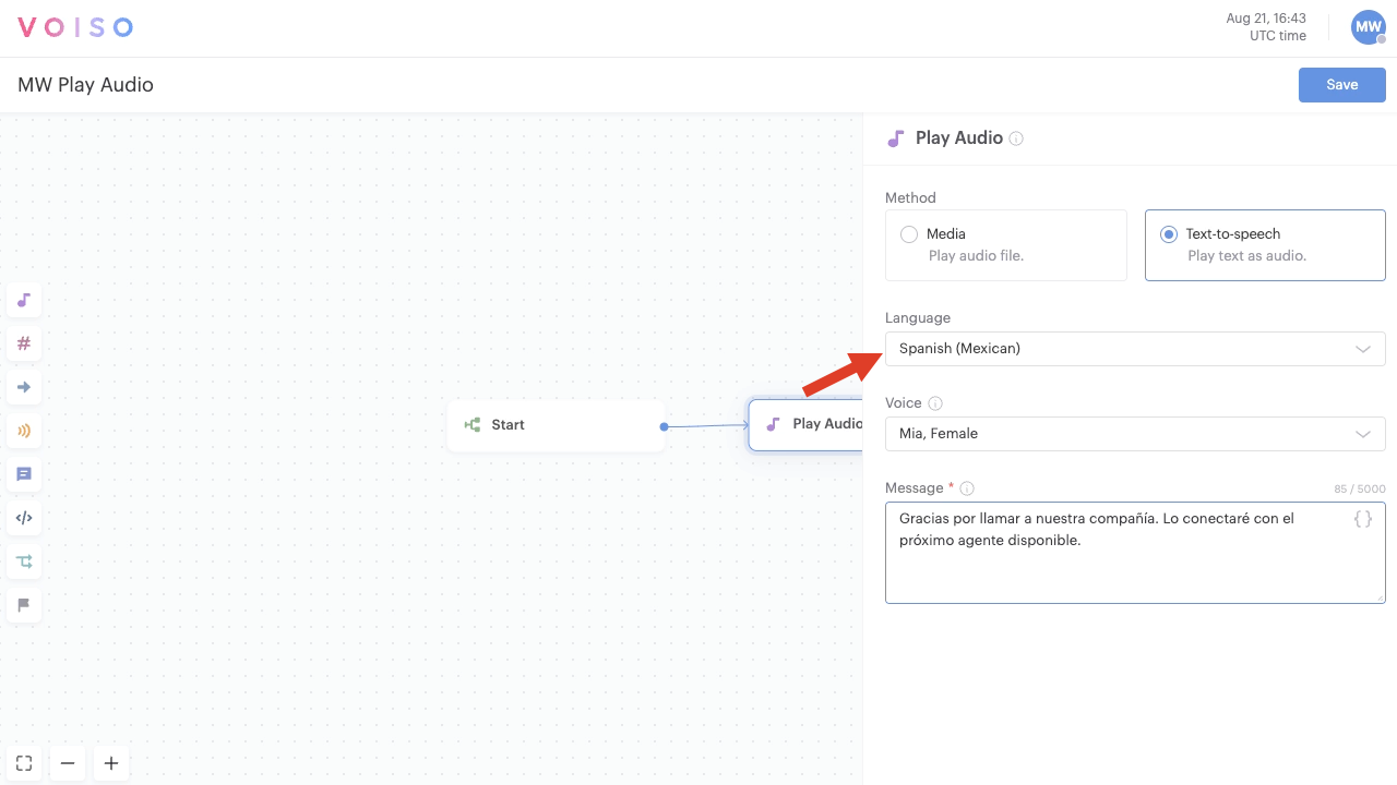 Flow Builder Play Audio Node Configuration Panel TTS Spanish Option