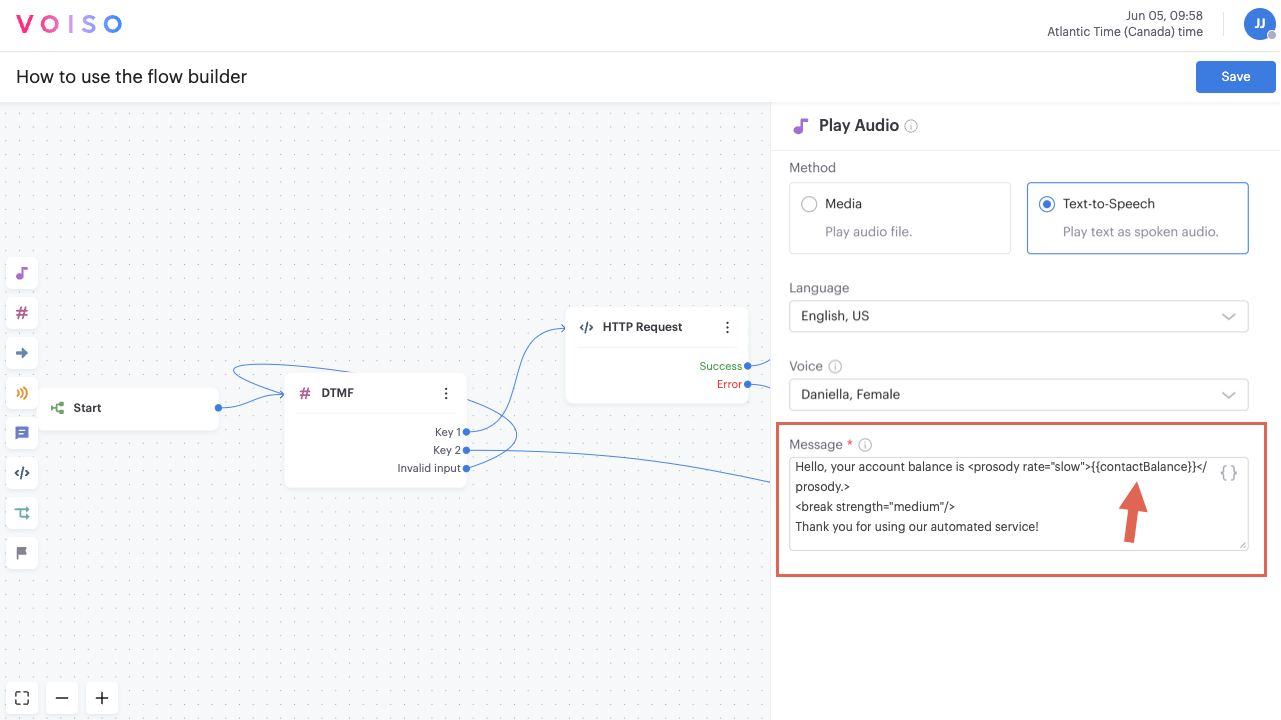 Flow Builder TTS Use Case Account Balance Play Audio Node