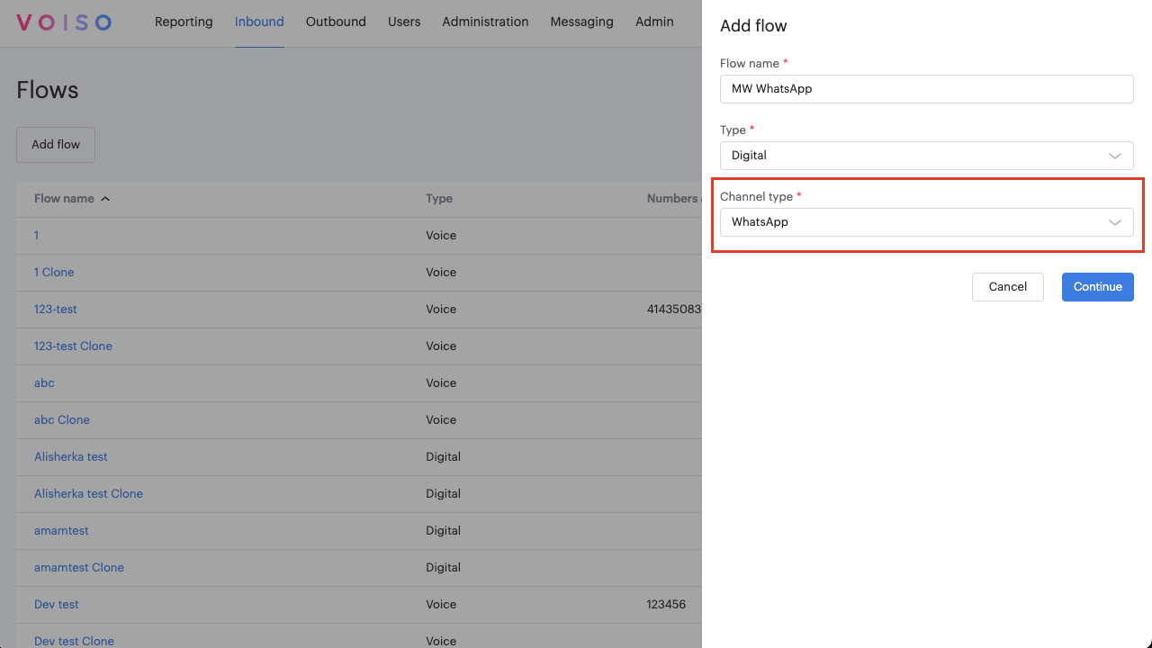 Flow View Add Flow View Channel Type Menu