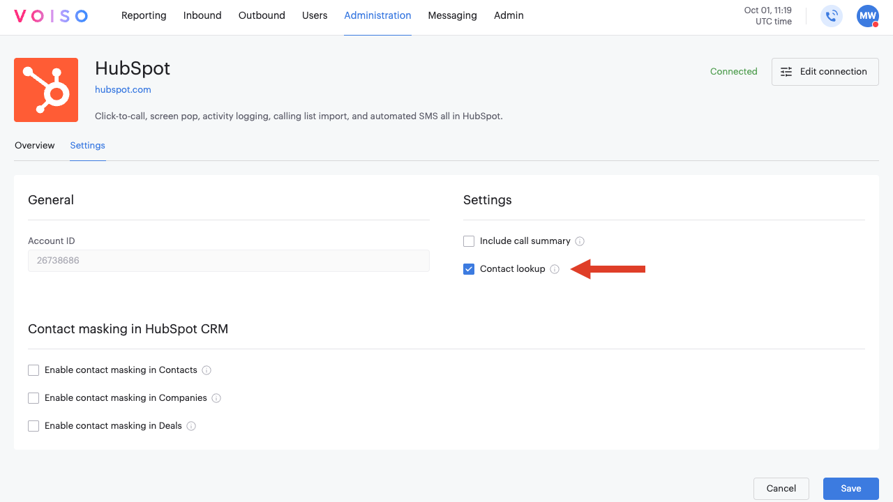 HubSpot Settings Tab Contact Lookup