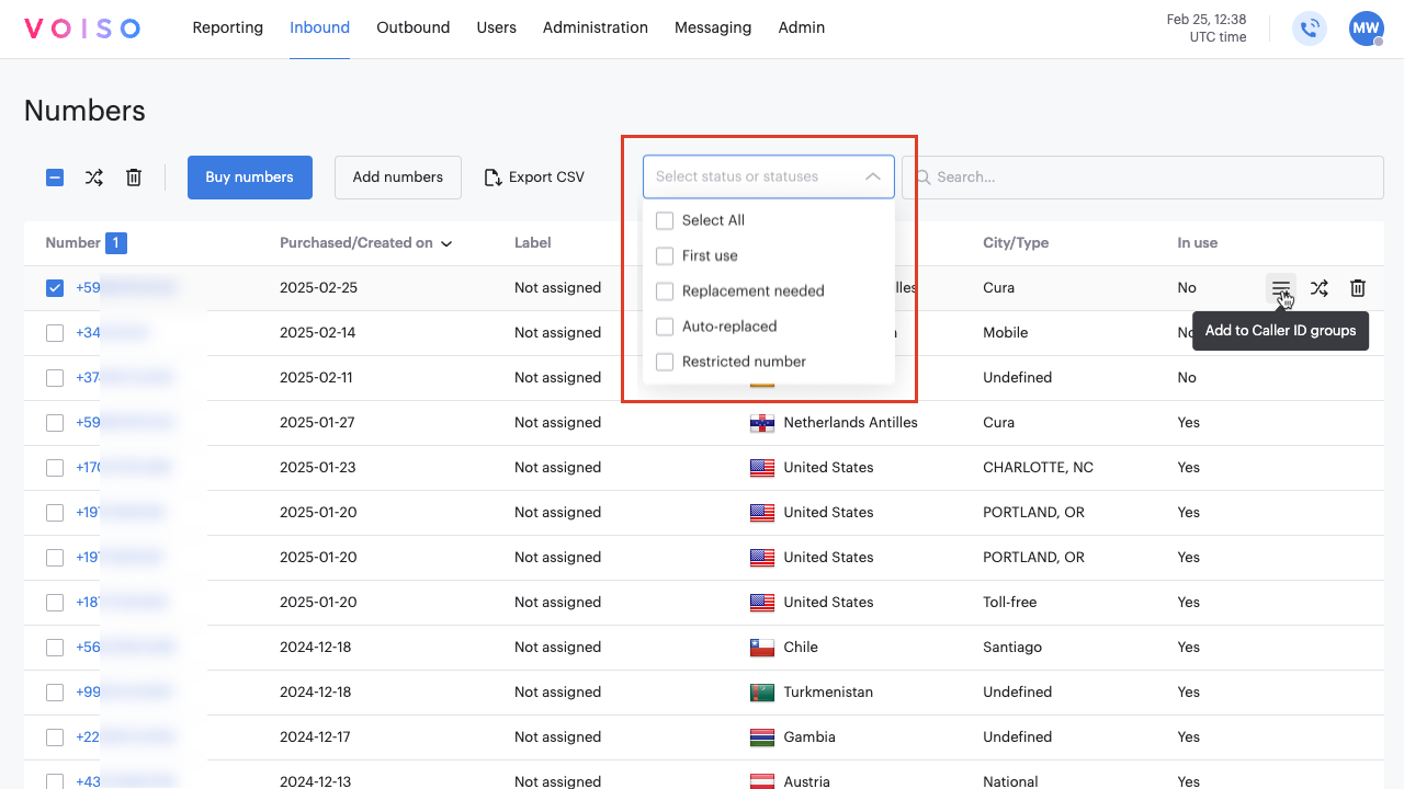 Inbound My Numbers View Select Status Or Statuses Menu