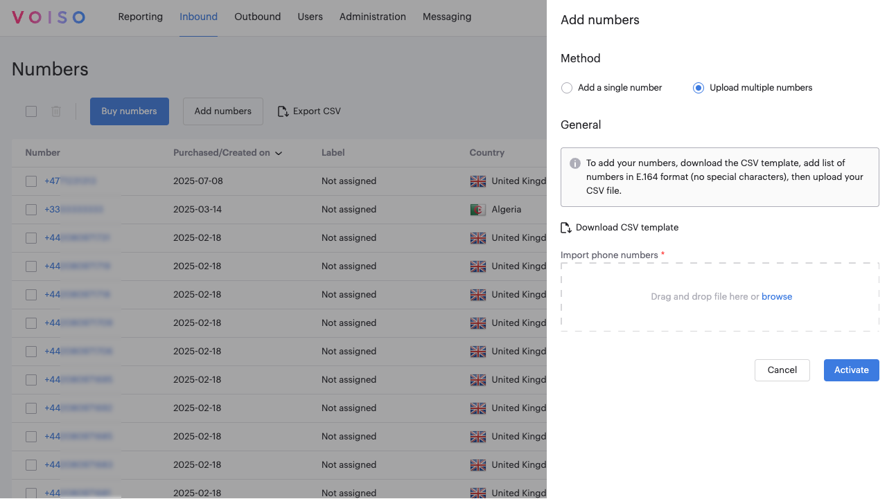 Inbound Numbers Add Number Panel Multiple Numbers Method