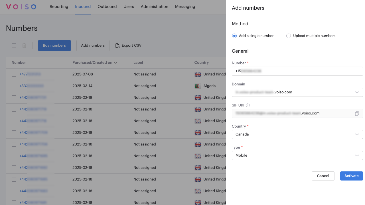 Inbound Numbers Add Number Panel Single Number Method