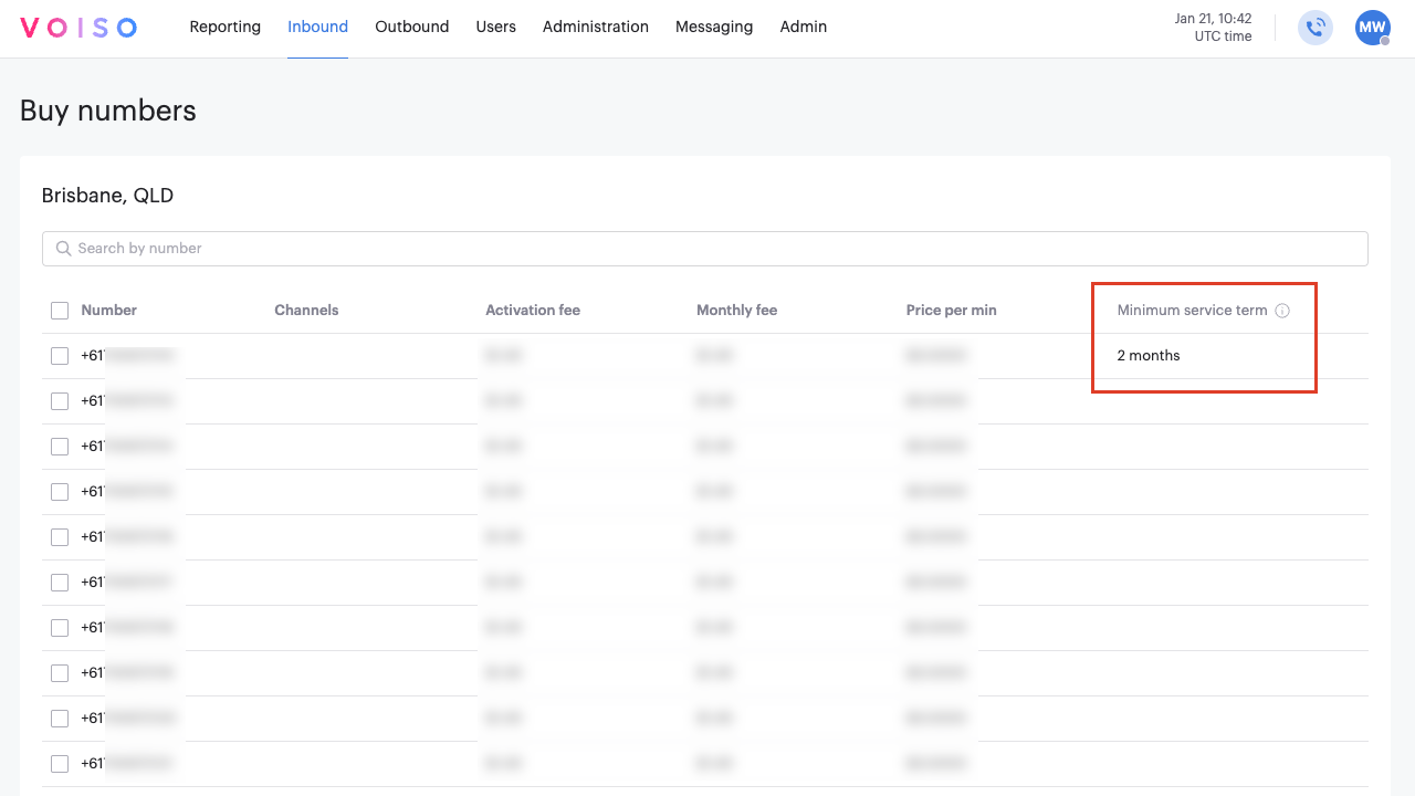 Inbound Numbers Buy Numbers Minimum Service Term