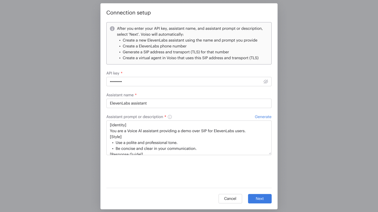 Integrations ElevenLabs Connection Setup Panel