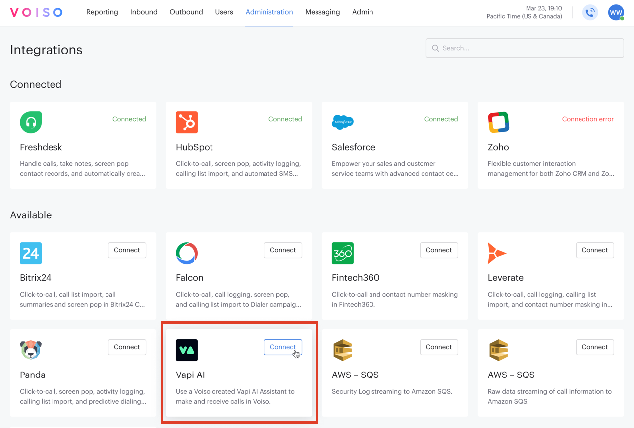Integrations Page BYOB Vapi AI Tile
