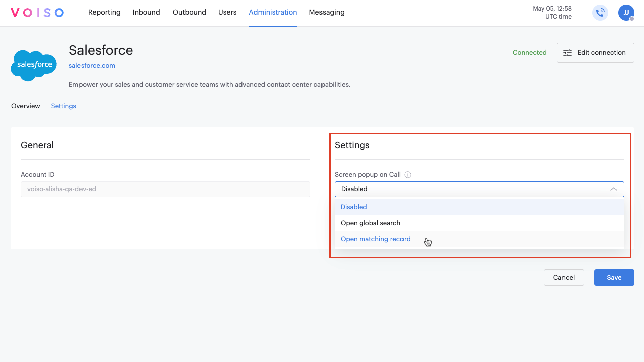 Integrations Salesforce Settings Tab Screen Pop Menu