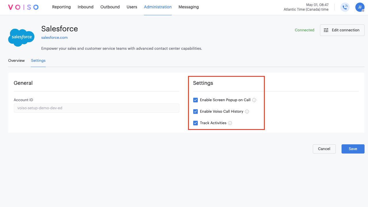 Integrations Salesforce Settings Tab