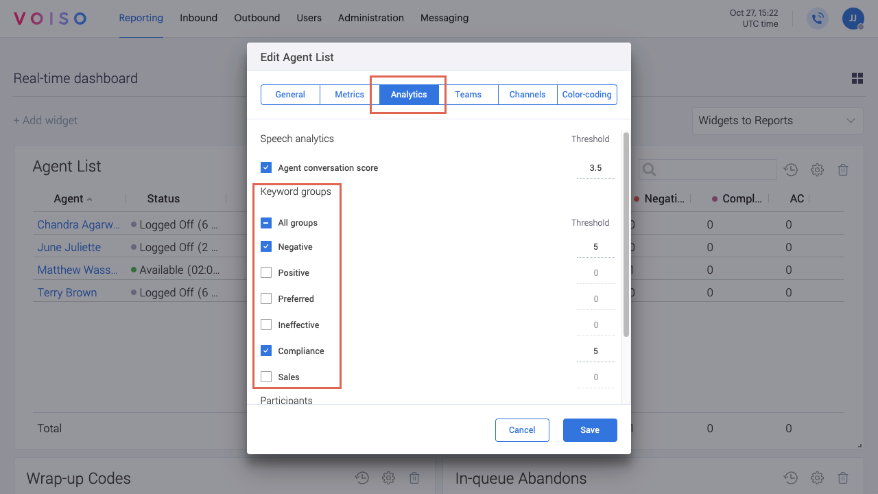 Keyword Groups Agent List Real-time Dashboard Configuration