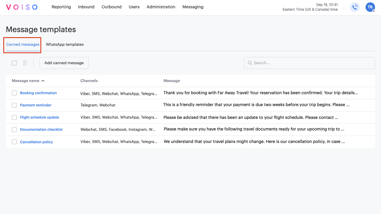 Message Templates Message Templates View Canned Messages Tab