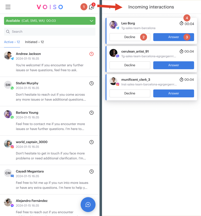 Mobile Omnichannel Workspace Incoming Interactions Page
