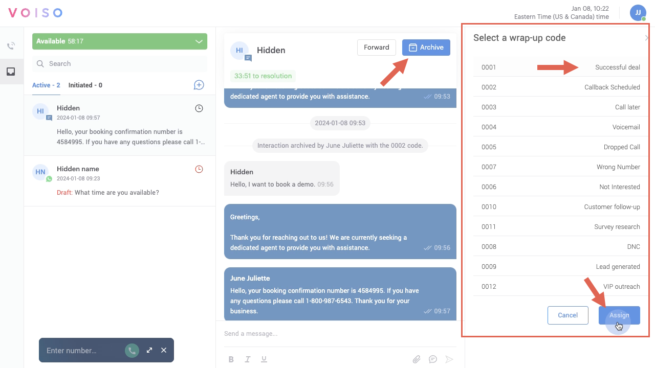 Omnichannel Workspace Select a Warp-up Code Panel