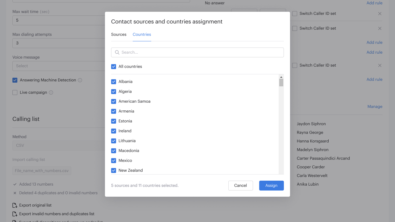 Outbound Contact Sources and Countries Assignment Panel