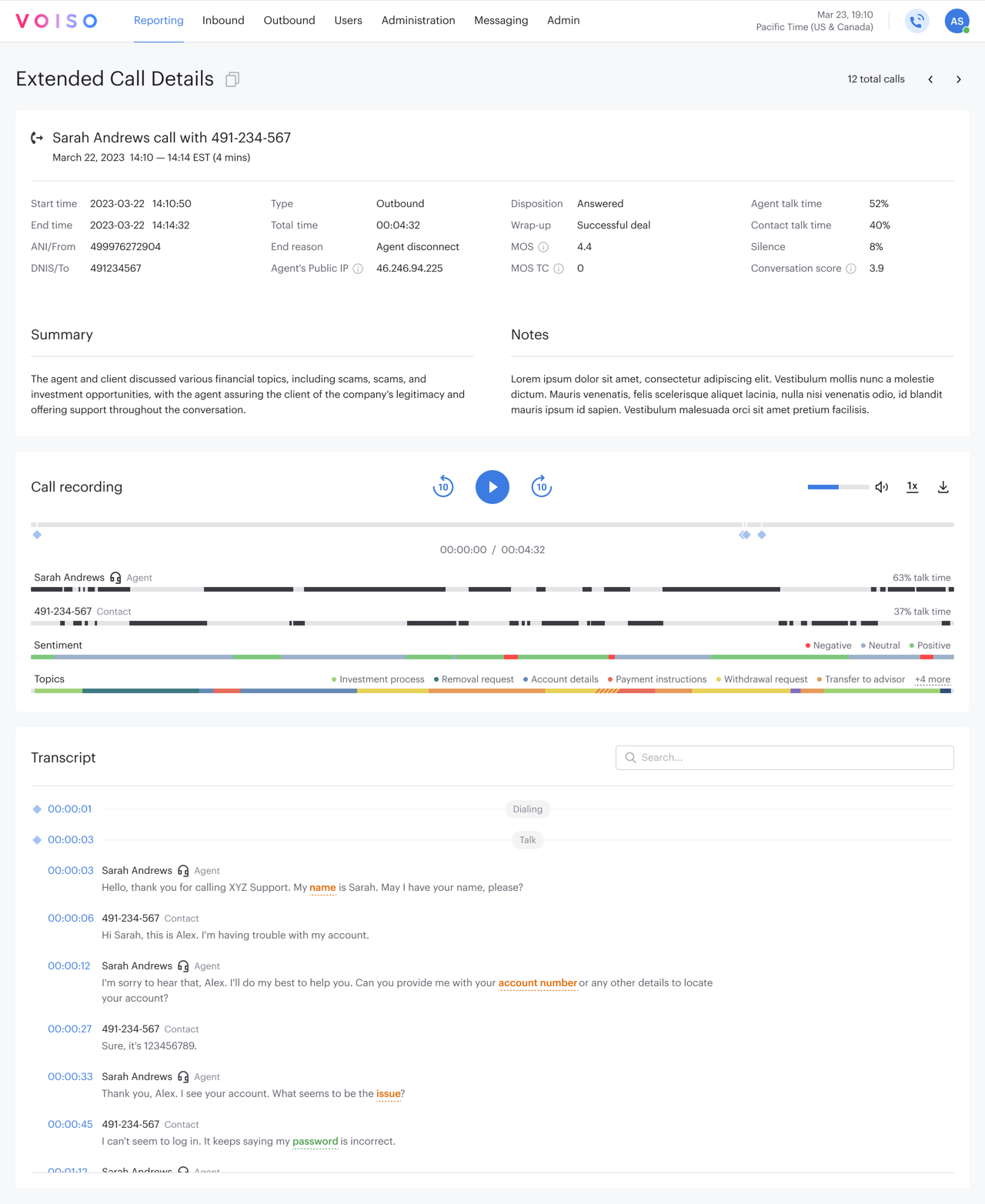 Reporting CDR Sample Extended Call Details Page