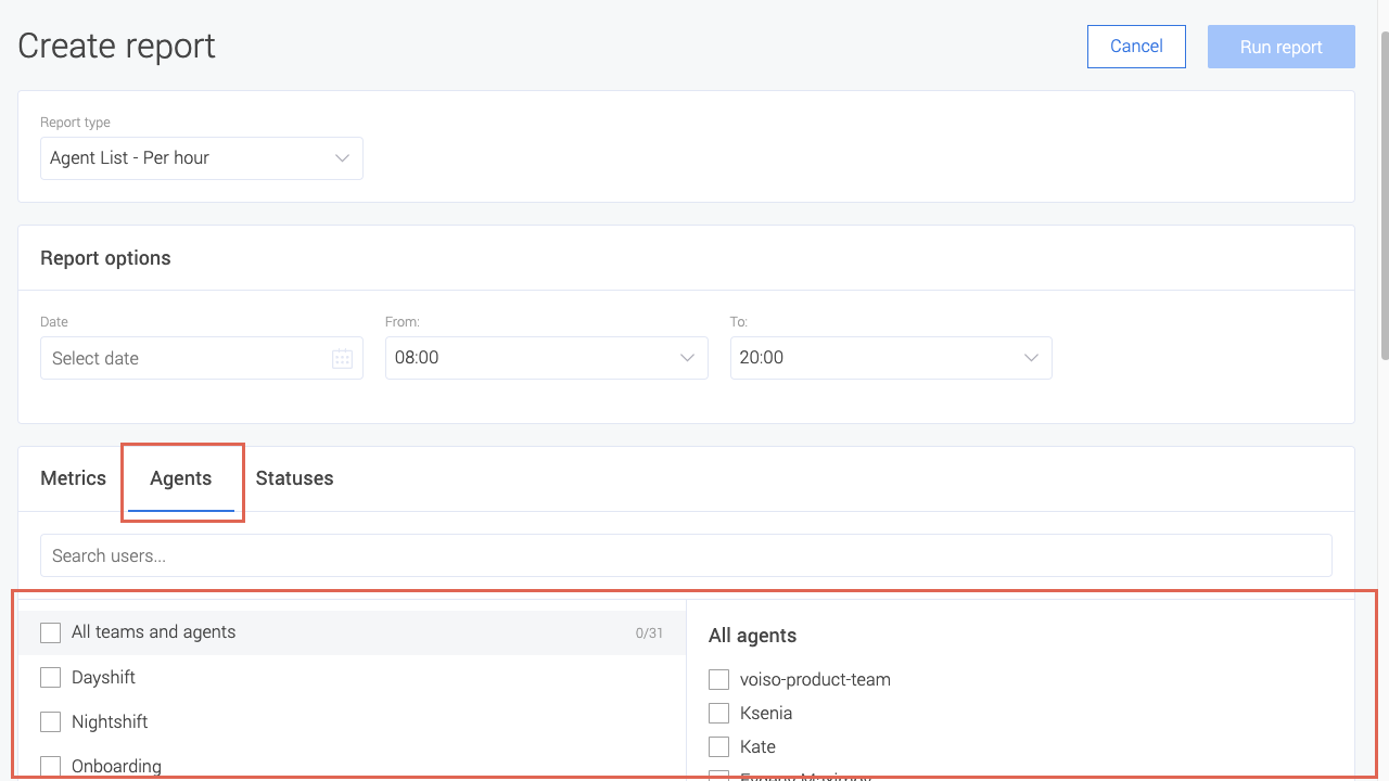 Reporting Create Report Agent List Per Hour Agents Tab